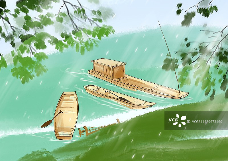 春潮带雨晚来急，野渡无人舟自横中国风教育文学故事插画古代人物成语典故图片素材