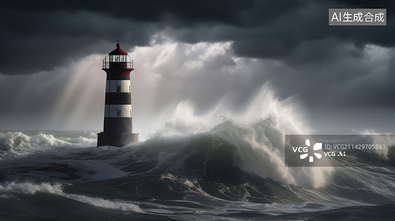 【AI数字艺术】暴风雨下的灯塔图片素材