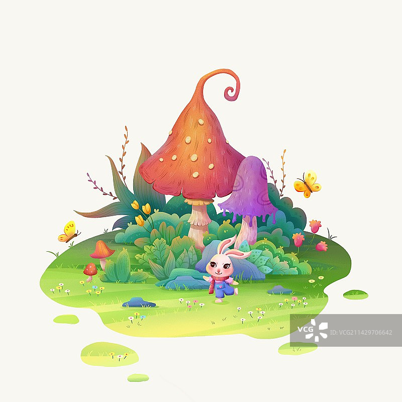 植物小场景插画蘑菇兔子图片素材
