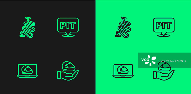 赛车头盔、赛道和维修站图标组合图片素材