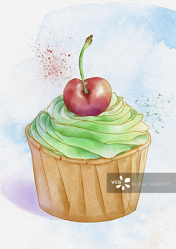 水彩 杯子蛋糕 樱桃奶油图片素材