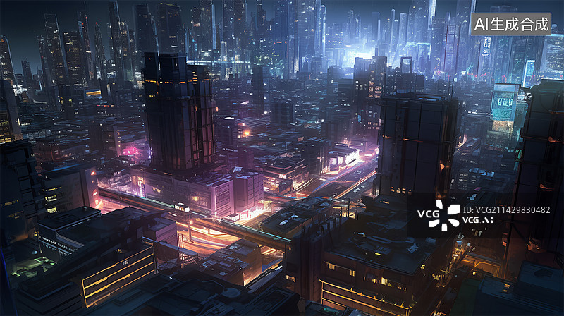 【AI数字艺术】赛博朋克3D科幻城市夜景插画素材背景图片素材