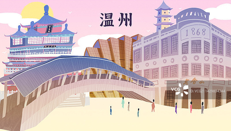 温州地标建筑旅游度假胜地海报插画图片素材