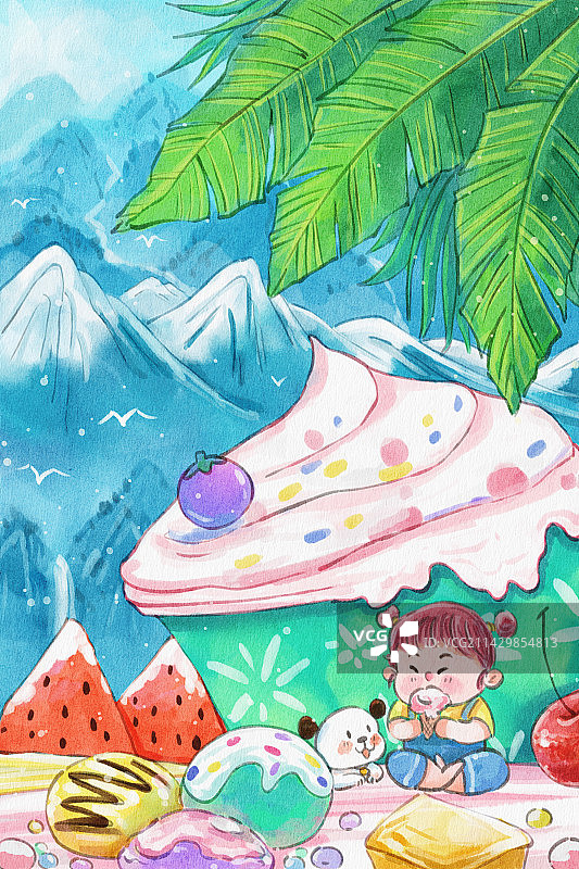 大暑冰淇淋凉爽的夏天治愈系插画图片素材