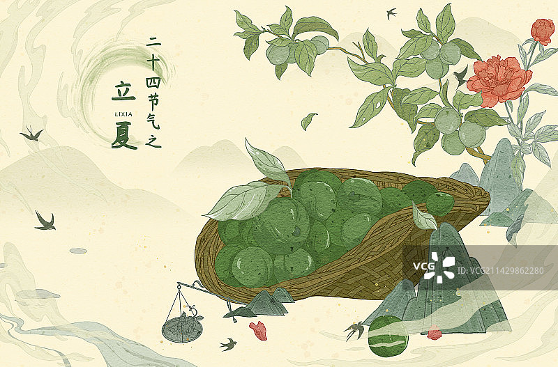 手绘国风插画二十四节气之立夏图片素材
