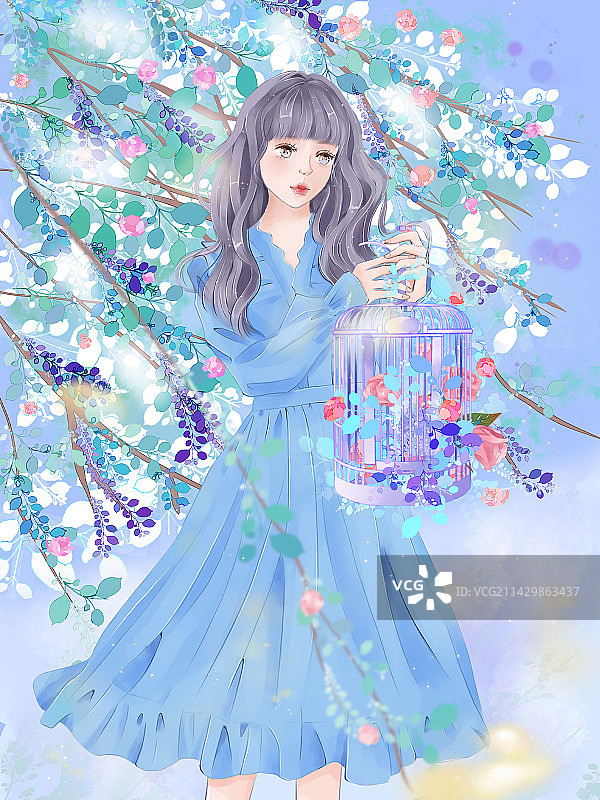 水彩唯美小清新花丛里的少女插画图片素材