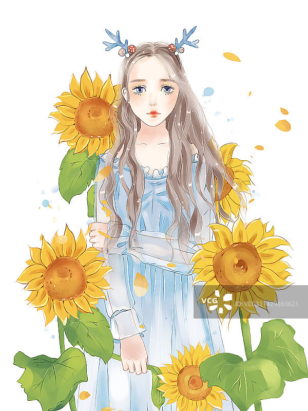 水彩唯美小清新向日葵里的少女插画图片素材