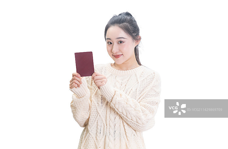 手持红色证件的东方时尚女性肖像图片素材