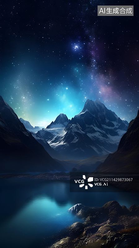 【AI数字艺术】璀璨夜空群山河流湖面自然风光图片素材