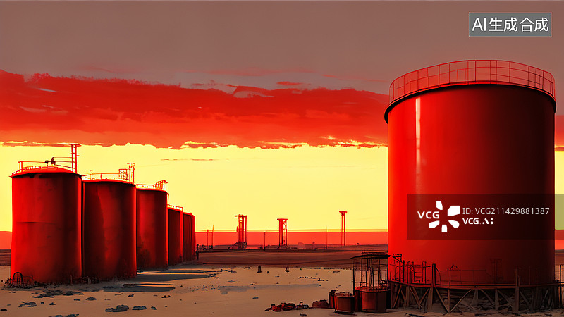 【AI数字艺术】夕阳下的储油罐图片素材