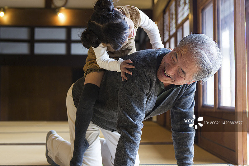 年长的男人在乡间别墅和孙子玩耍图片素材