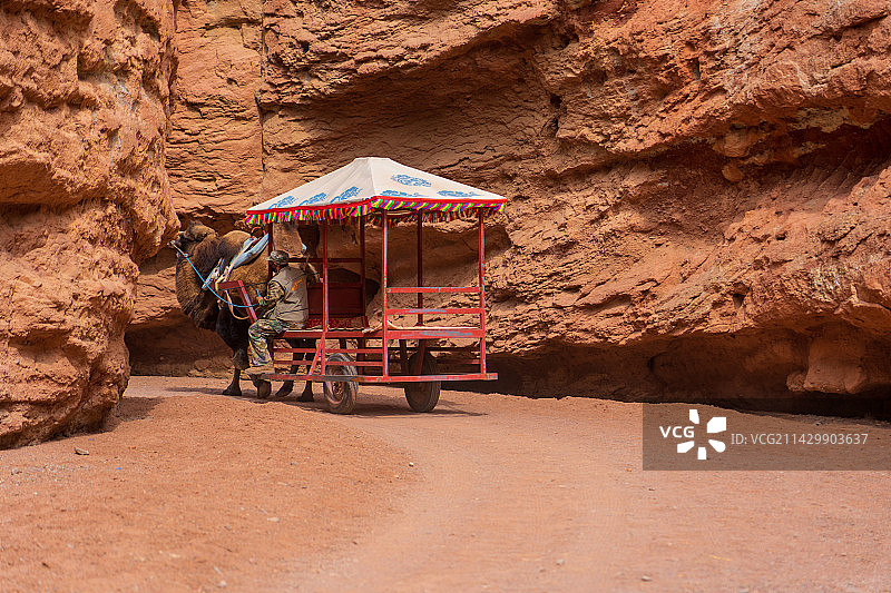 甘肃张掖平湖山大峡谷骆驼拉车丹霞地貌图图片素材