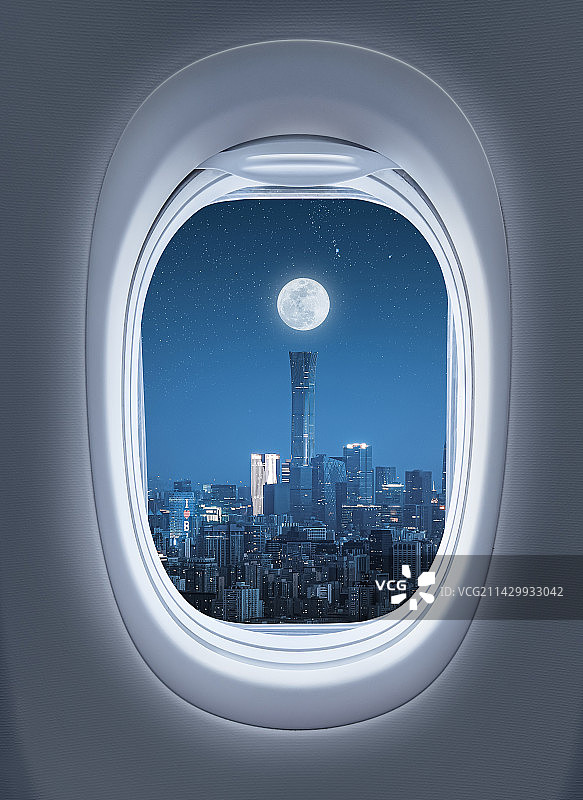 飞机窗户外的北京夜景图片素材