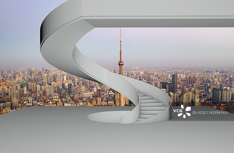 室内空间旋转楼梯眺望上海陆家嘴金融区图片素材