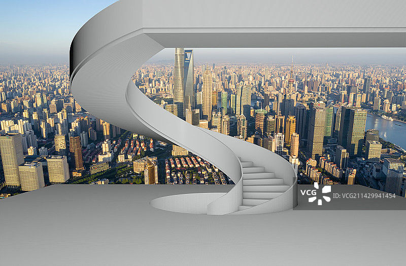 室内空间旋转楼梯眺望上海陆家嘴金融区图片素材