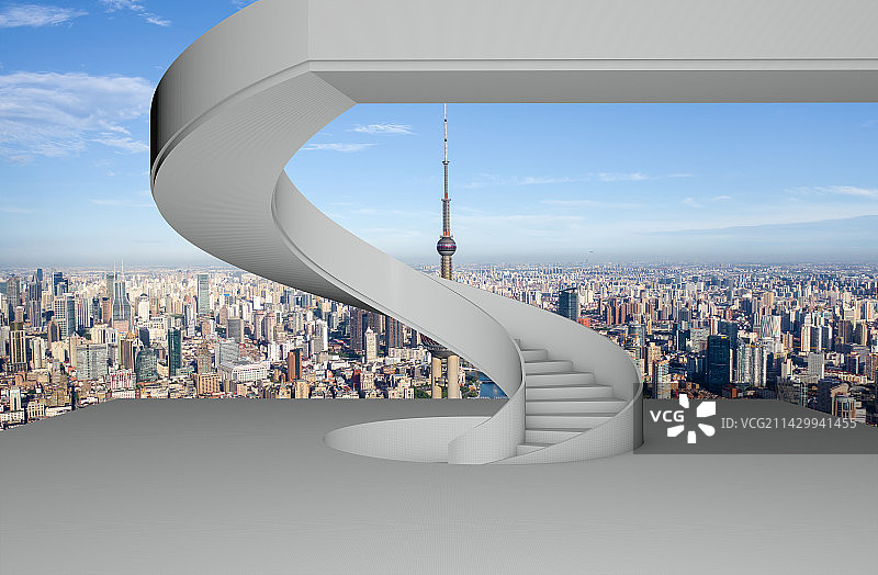 室内空间旋转楼梯眺望上海陆家嘴金融区图片素材