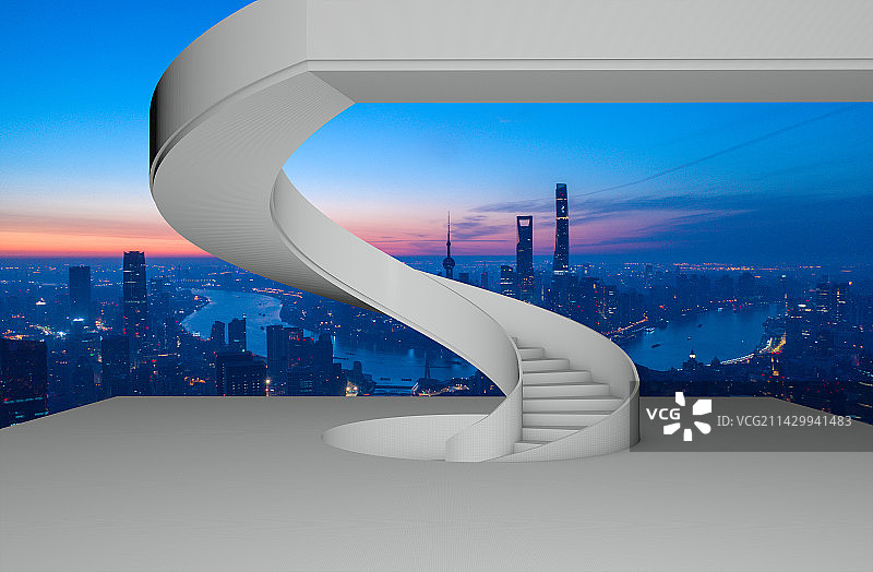 室内空间旋转楼梯眺望上海陆家嘴金融区图片素材