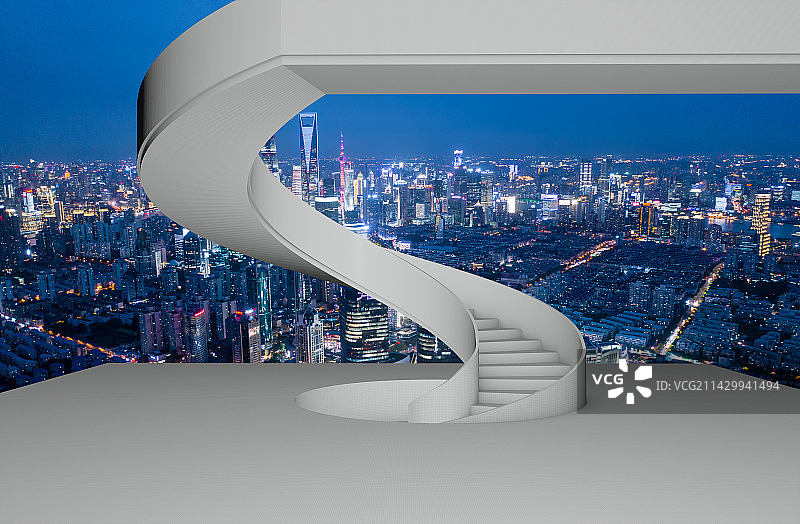室内空间旋转楼梯眺望上海陆家嘴金融区图片素材