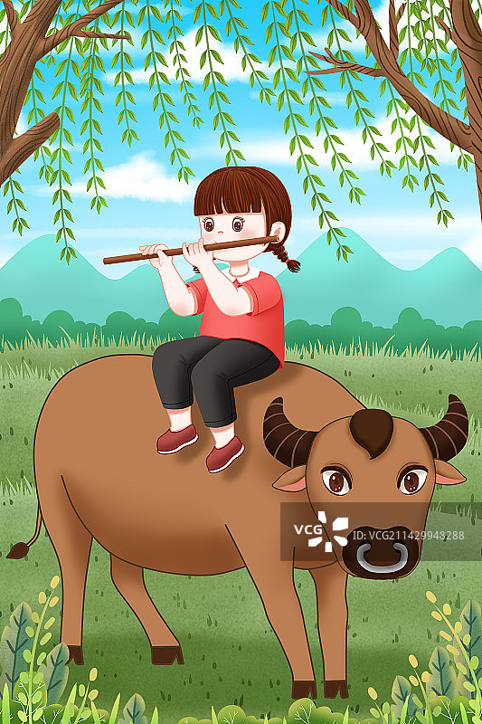 清明节插画骑牛的牧童图片素材