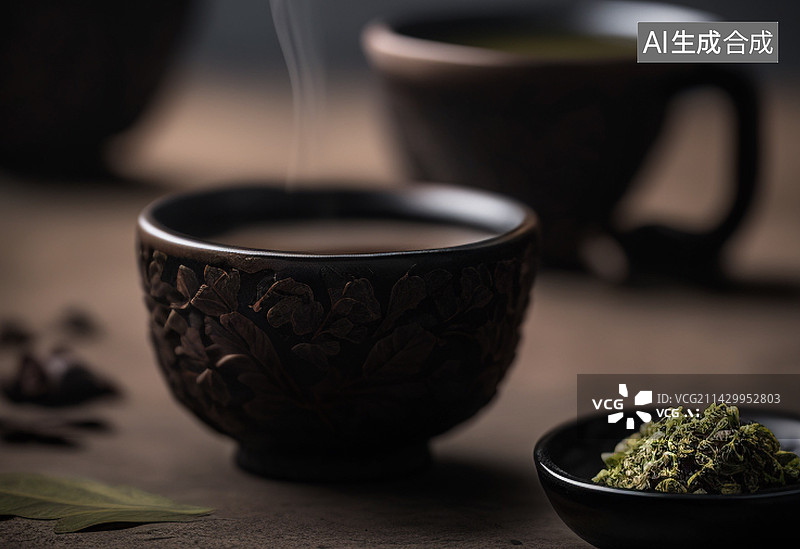 【AI数字艺术】深色背景上的中国茶道茶艺功夫茶复古中式茶艺文化素材图片素材
