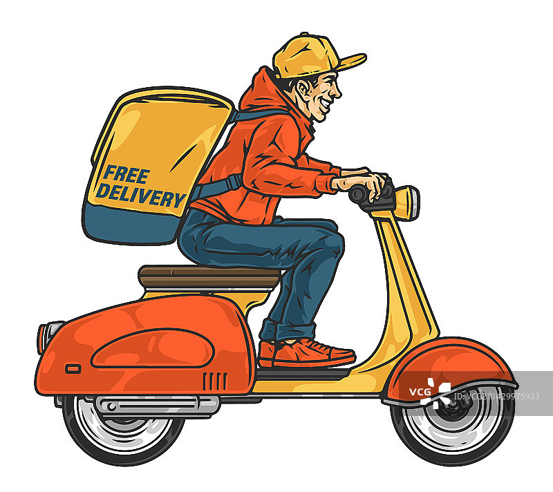 骑着踏板车的快递员，色彩鲜艳图片素材