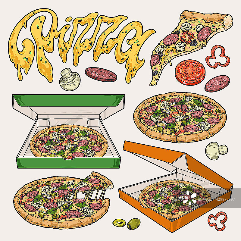 彩色披萨食品标签套装图片素材