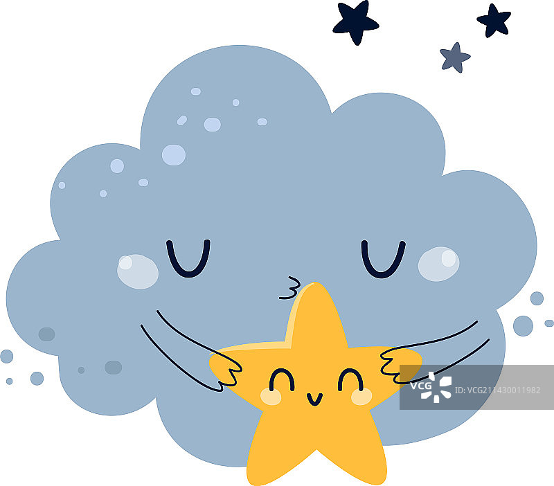 抱着黄色小星星的可爱蓬松蓝色云朵图片素材
