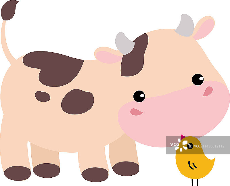 可爱快乐的小奶牛与可爱的鸡图片素材