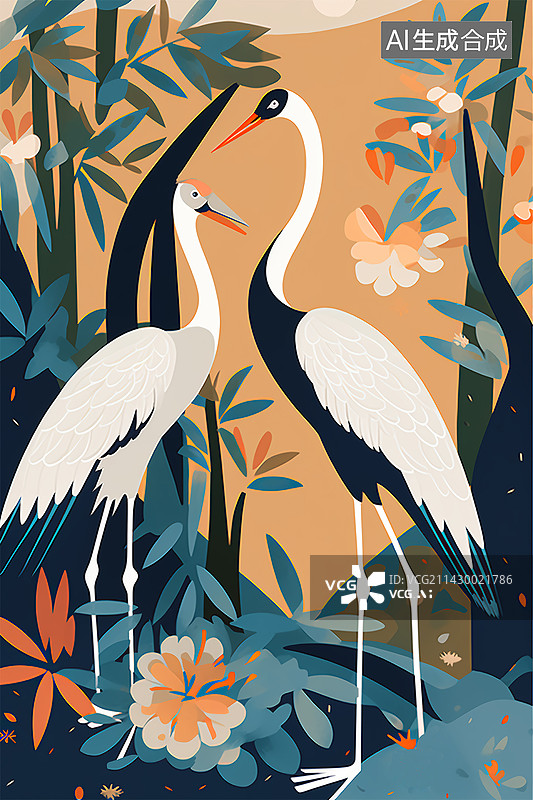 【AI数字艺术】植物花丛中两只优雅的天鹅装饰画图片素材