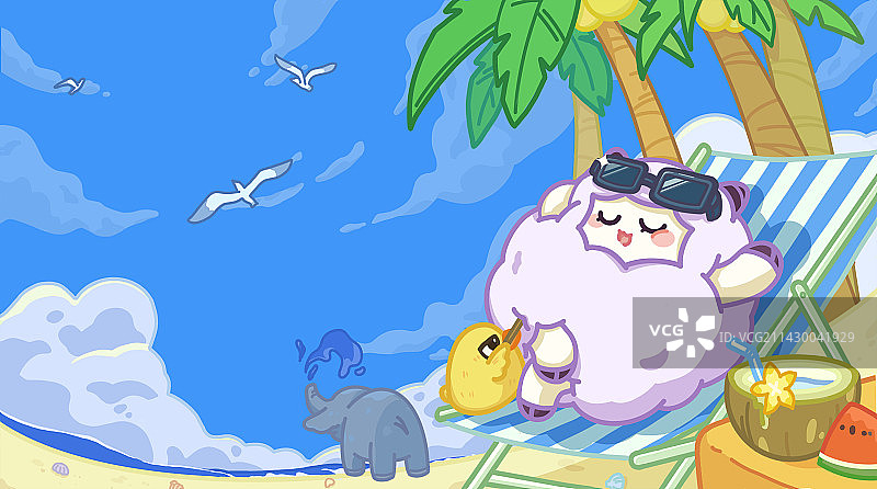羊咩咩海边度假插画图片素材