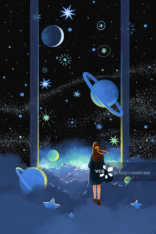 一个女孩走向梦幻唯美的宇宙星空之门图片素材