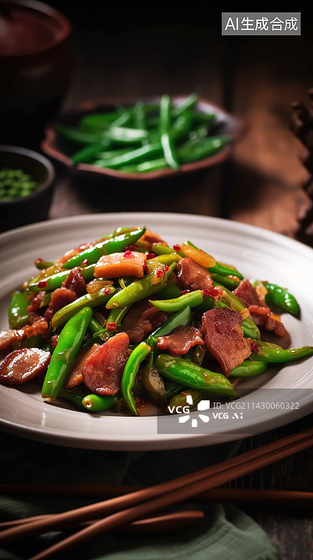 【AI数字艺术】厨房场景里的一盘青椒炒腊肉图片素材