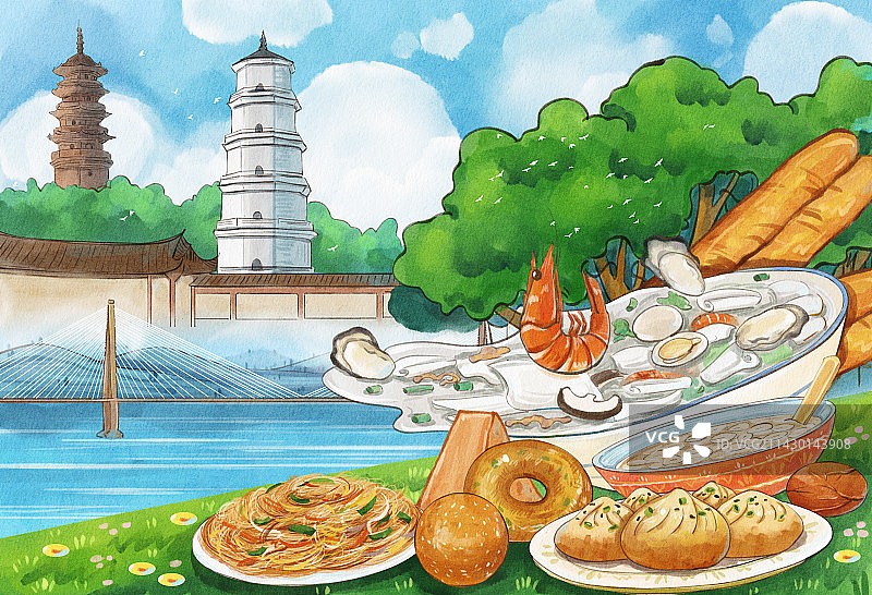 福州城市早餐与榕树两塔一江手绘水彩插画图片素材