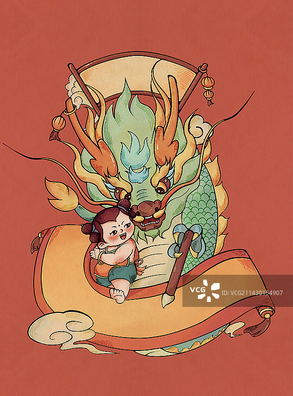 龙年国风竖版插画图片素材