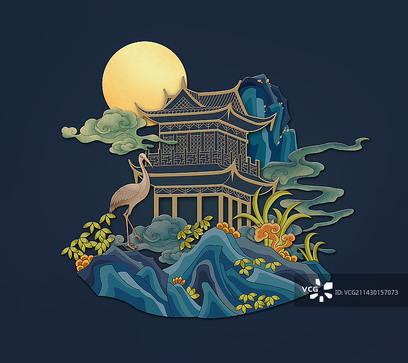 中国风山水建筑插画图片素材