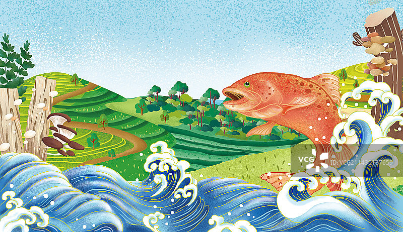 山珍海味海浪石斑鱼插画图片素材