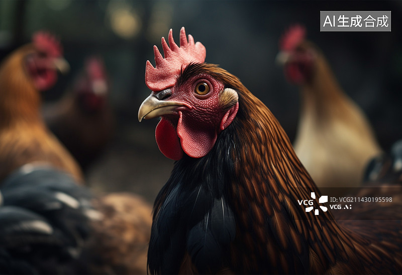 【AI数字艺术】传统散养家禽农场的鸡，棕色家鸡在夏季户外特写素材图片素材
