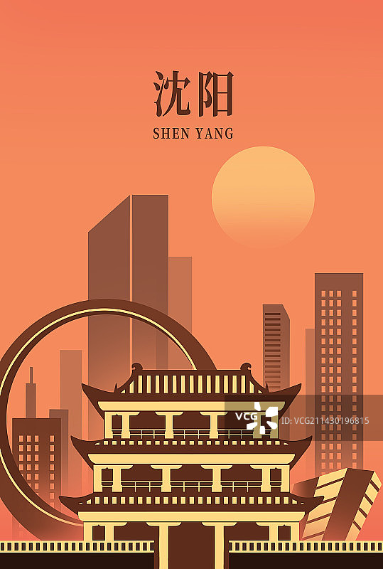 沈阳清故宫以及城市日落风景图片素材