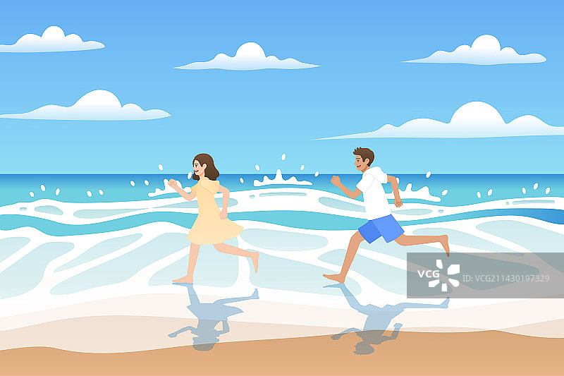 在海边嬉戏的女孩和男孩插画图片素材