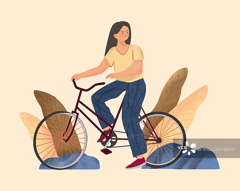 骑自行车的年轻女子扁平风肌理插画图片素材