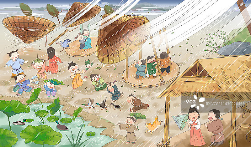 极端天气气候暴风雨雷阵雨大风下雨刮风可爱古装人物居住环境插画图片素材