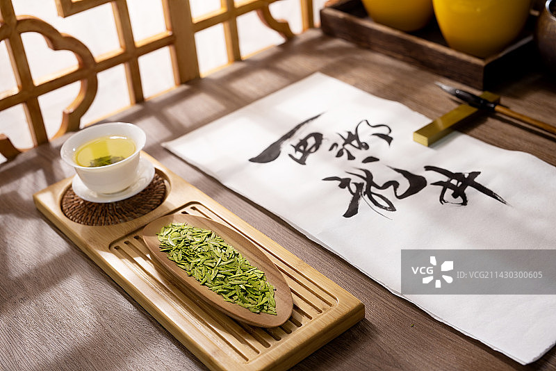 西湖龙井,书法,龙井茶,中国茶图片素材