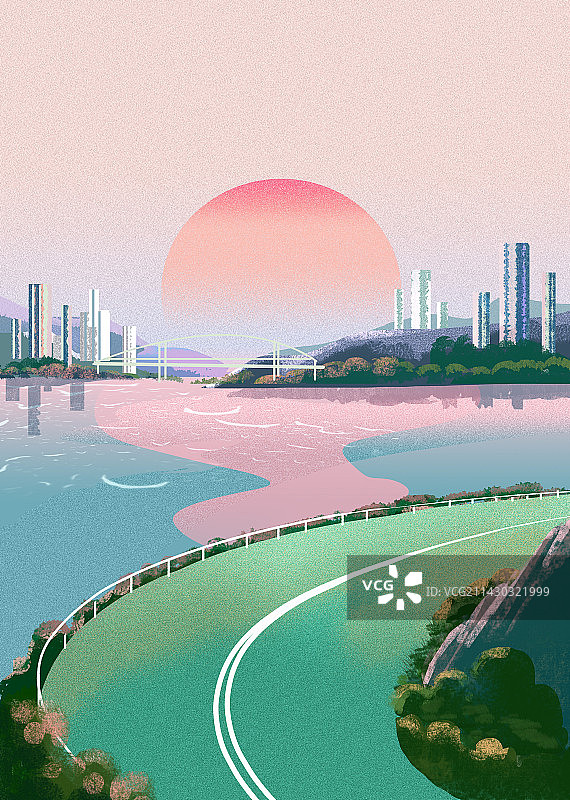 城市绿道日出图片素材