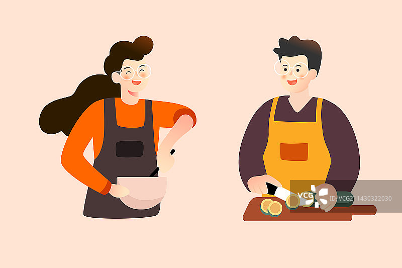 情侣厨房一起做饭烹饪美食健康餐饮饮食插画图片素材
