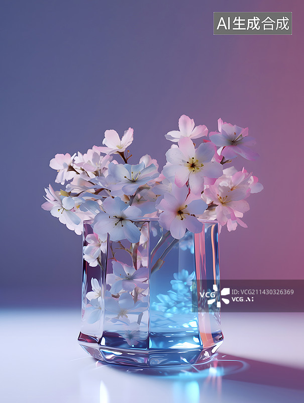 【AI数字艺术】玻璃琉璃质感的花在发光图片素材