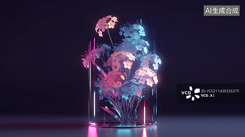 【AI数字艺术】玻璃琉璃质感的花在发光图片素材