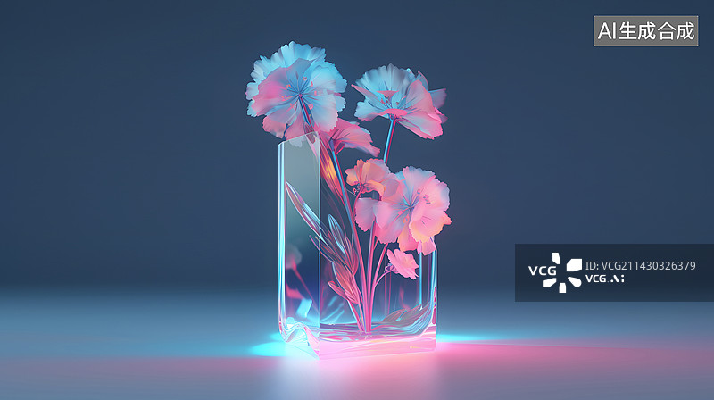 【AI数字艺术】玻璃琉璃质感的花在发光图片素材