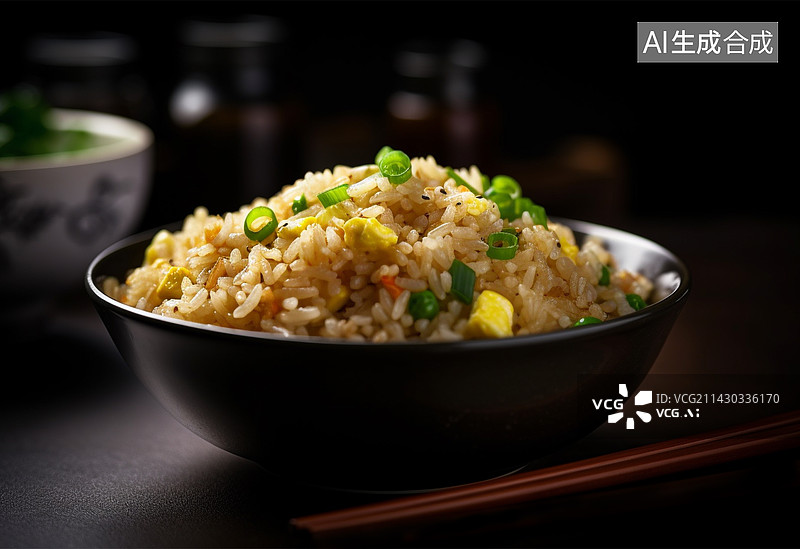 【AI数字艺术】盘子里的食物的特写镜头，一碗蛋炒饭美食背景素材图片素材