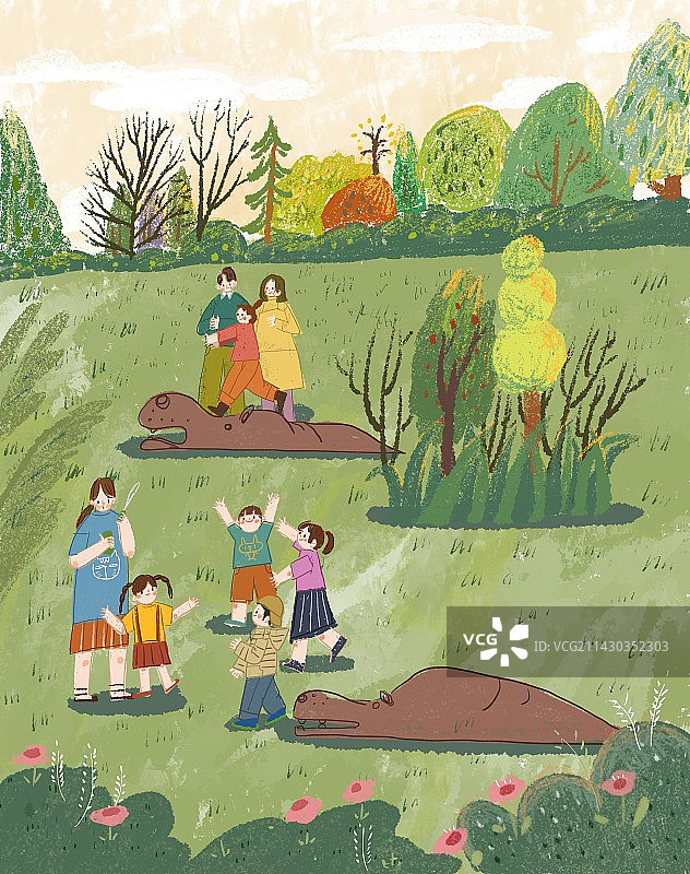 大人小孩在公园草地上游戏图片素材