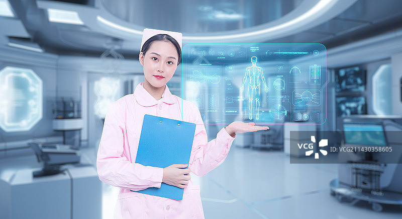 医疗实验室手托全息医学界面的女护士图片素材